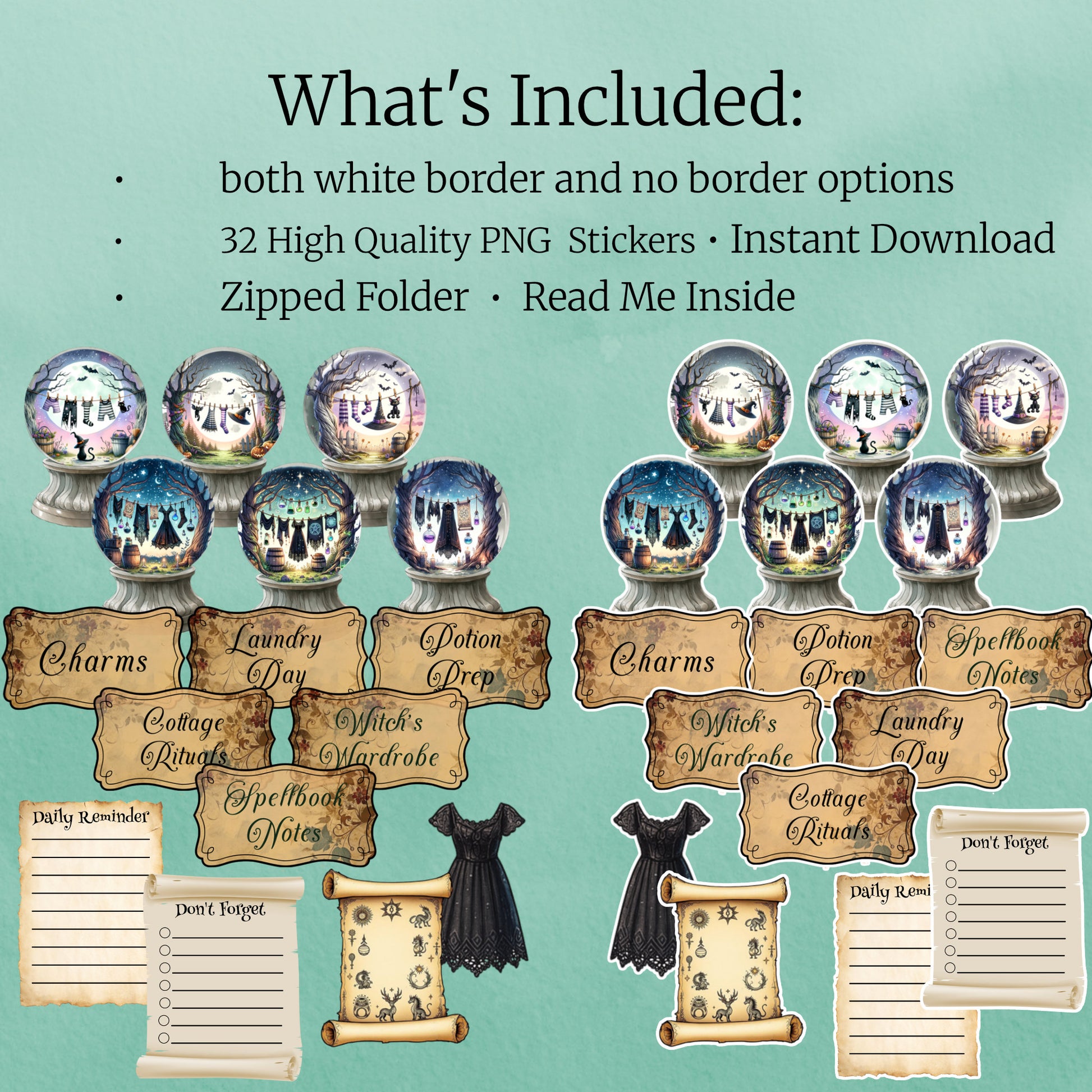 Witch Laundry Digital Sticker Set – witchcore planner stickers for GoodNotes and journaling - on a teal background