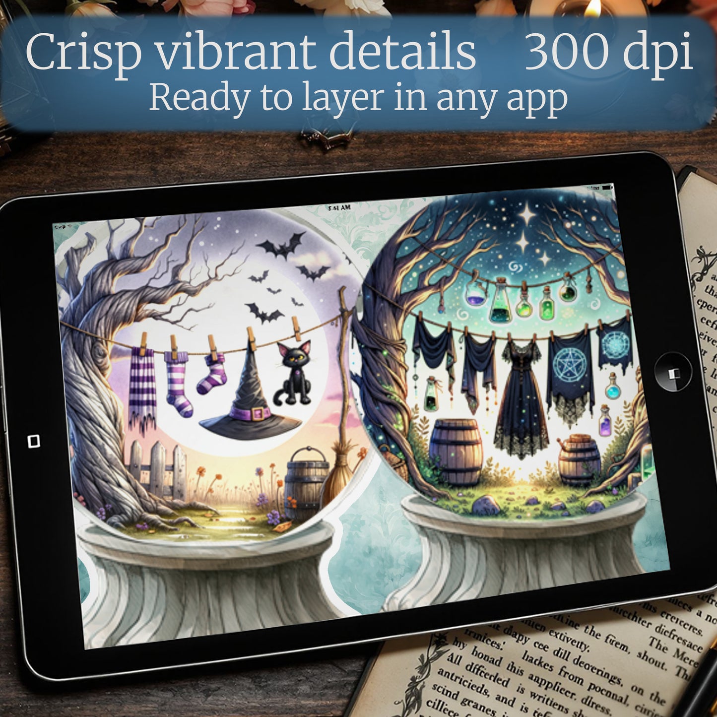 Witchcore digital stickers – magical crystal ball art for planners and scrapbooks