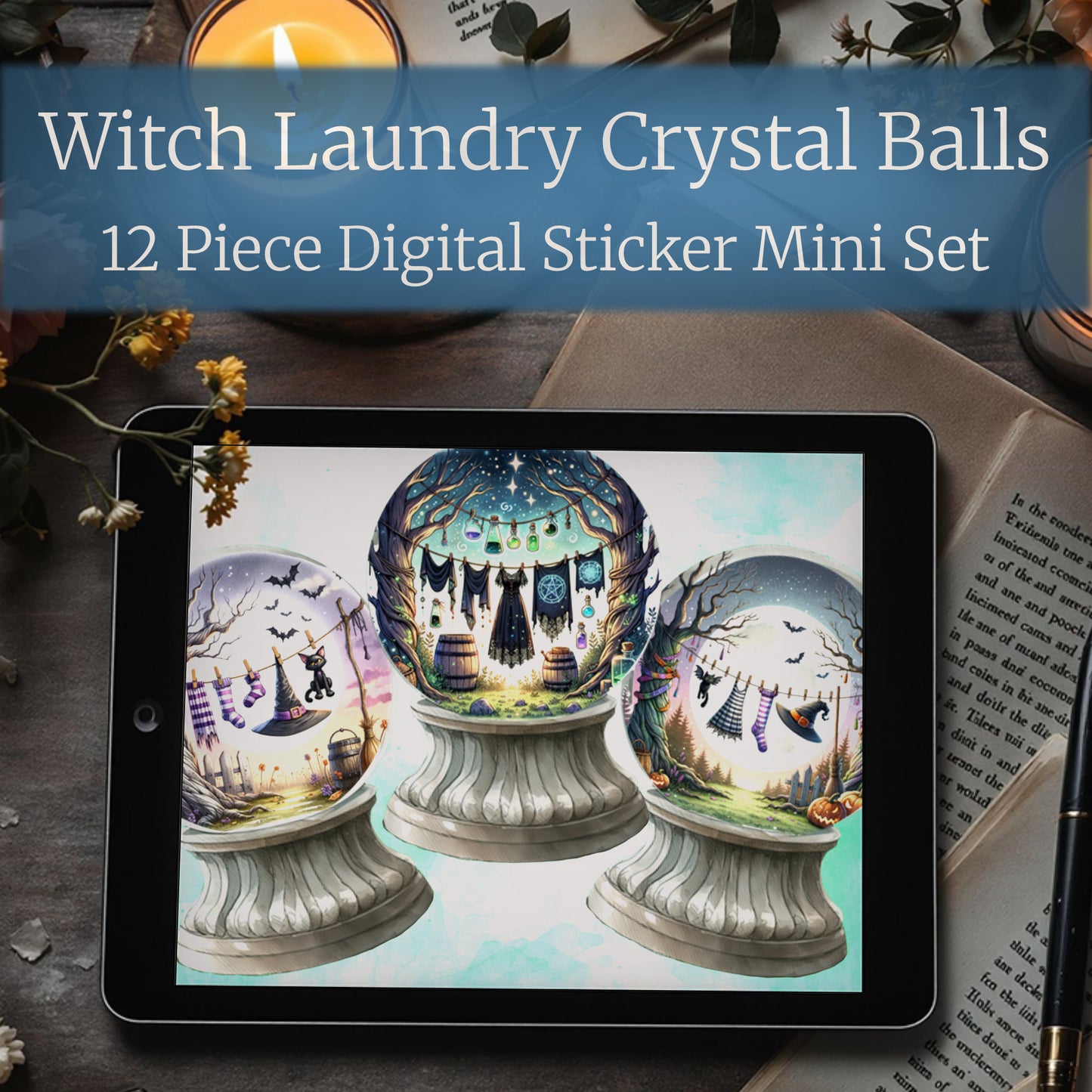 Digital sticker mini set of witch laundry crystal balls displayed on a tablet with a book and candle in the background.