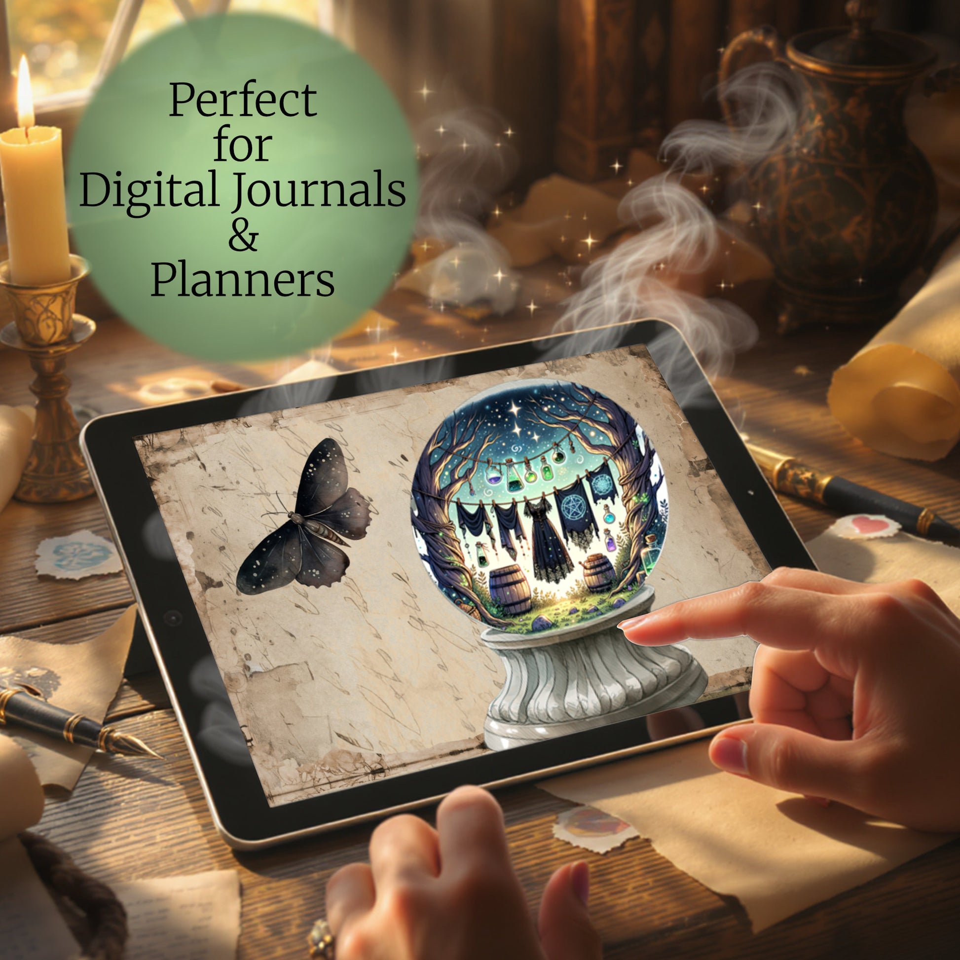 Person using a tablet with cozy witch laundry crystal ball mini stickers on a wooden table with candles and books.