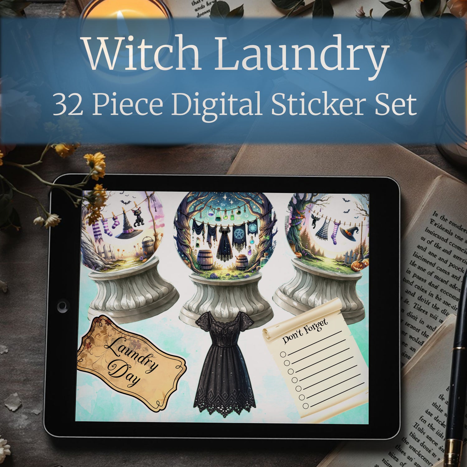 Cozy witch laundry digital sticker pack featuring crystal balls, labels, and magical widgets; displayed on a tablet with a dark background.