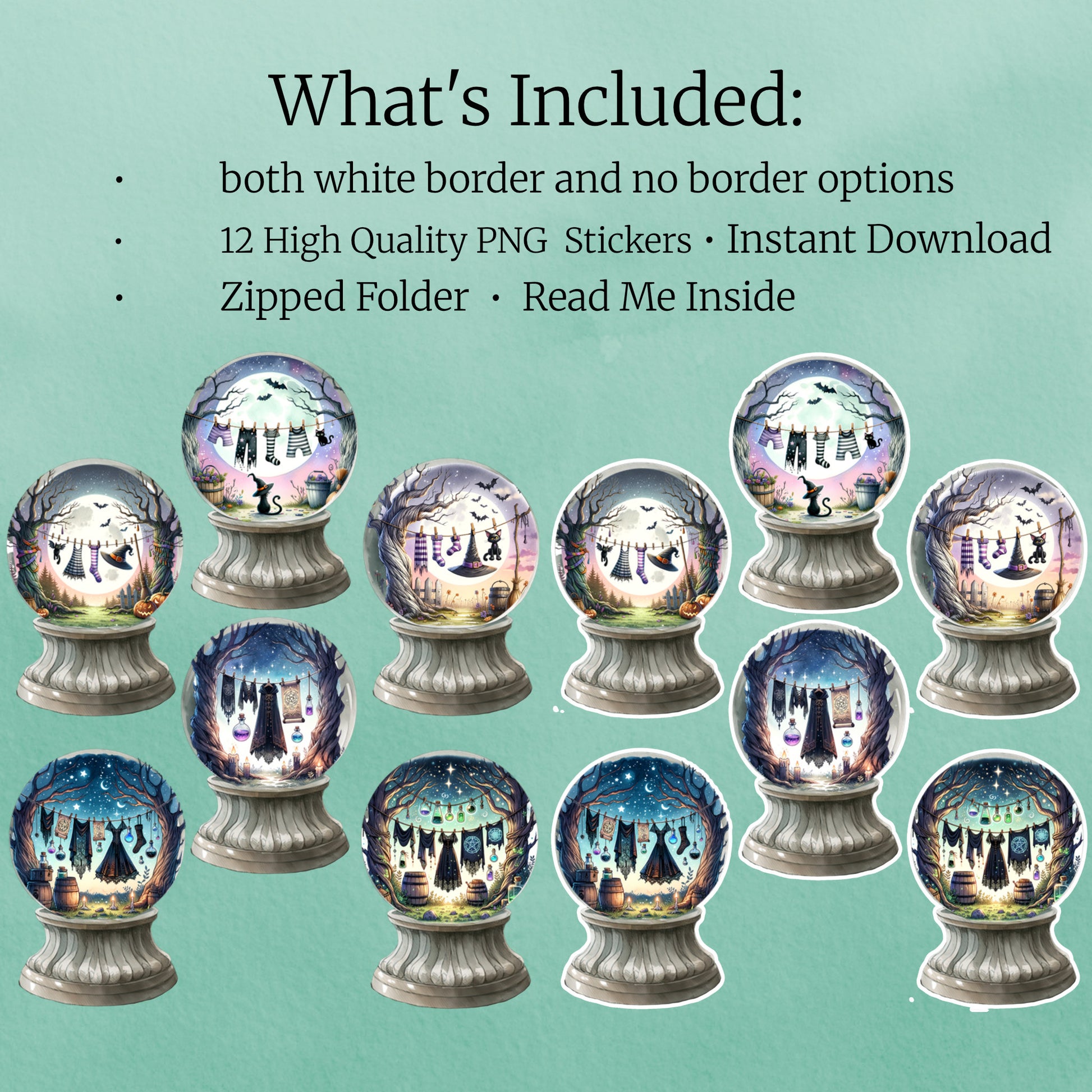 Set of 12 high-quality PNG stickers of Witch Laundry Crystal Ball Digital Stickers – Witchcore digital sticker set for journaling and GoodNotes on a teal background with text about file formats and features.