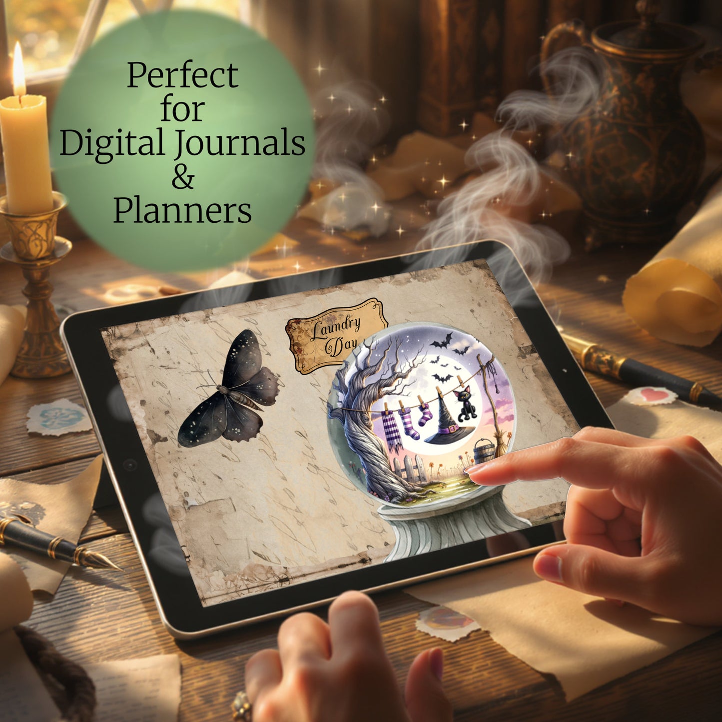 Person using a tablet placing digital stickers from a cozy witch digital sticker pack featuring crystal balls, labels, and magical widgets using a digital journal app on a mystical table setting.