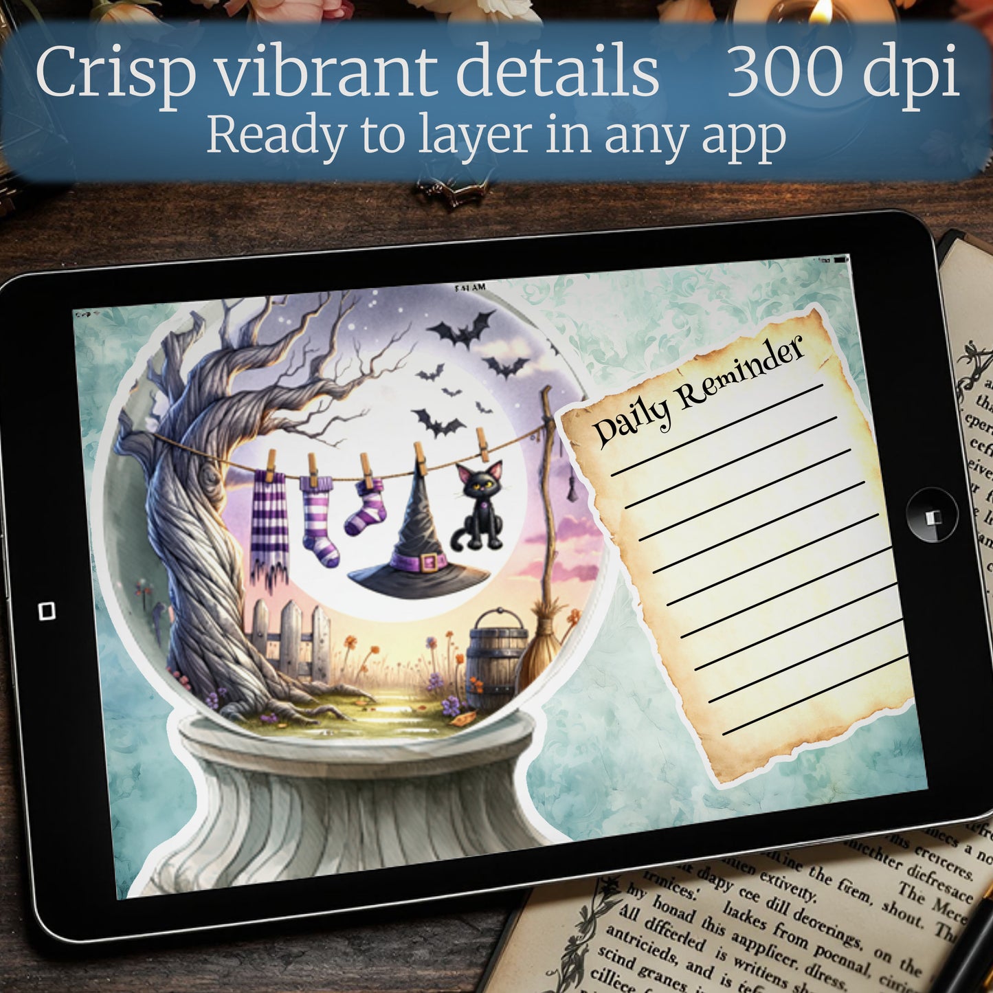 Tablet displaying Witchcore aesthetic digital stickers on a wooden surface.